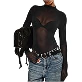 SweatyRocks Women's Mesh Long Sleeve Bodysuits Mock Neck Sheer Leotards Bodysuit Top