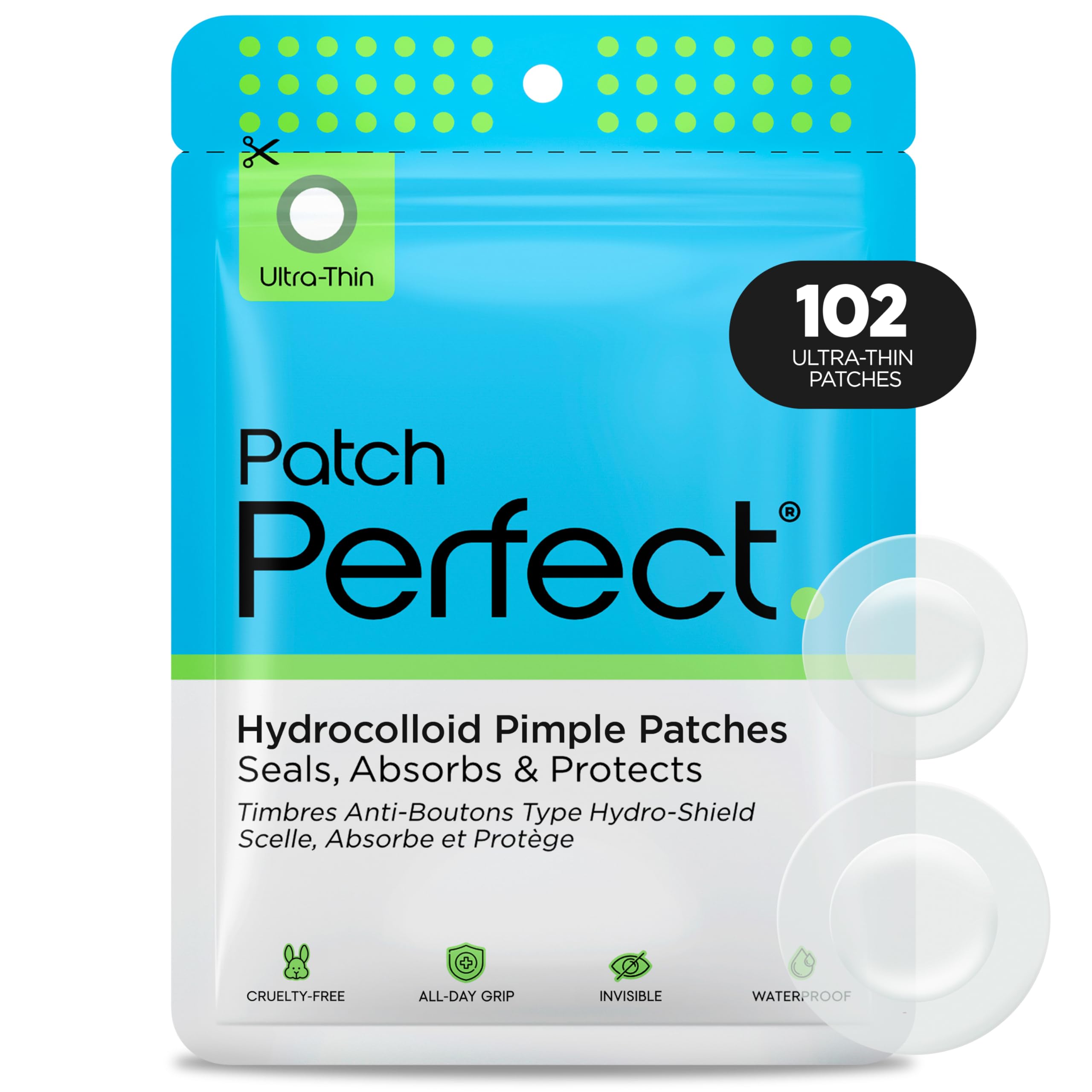 Patch Perfect Spot Patches (102 Count) - Korean Hydrocolloid Pimple Patches, Absorbing Dots for Spot Treatment, Invisible Acne Patches, Vegan & Cruelty-Free Spot Stickers (2 Sizes)