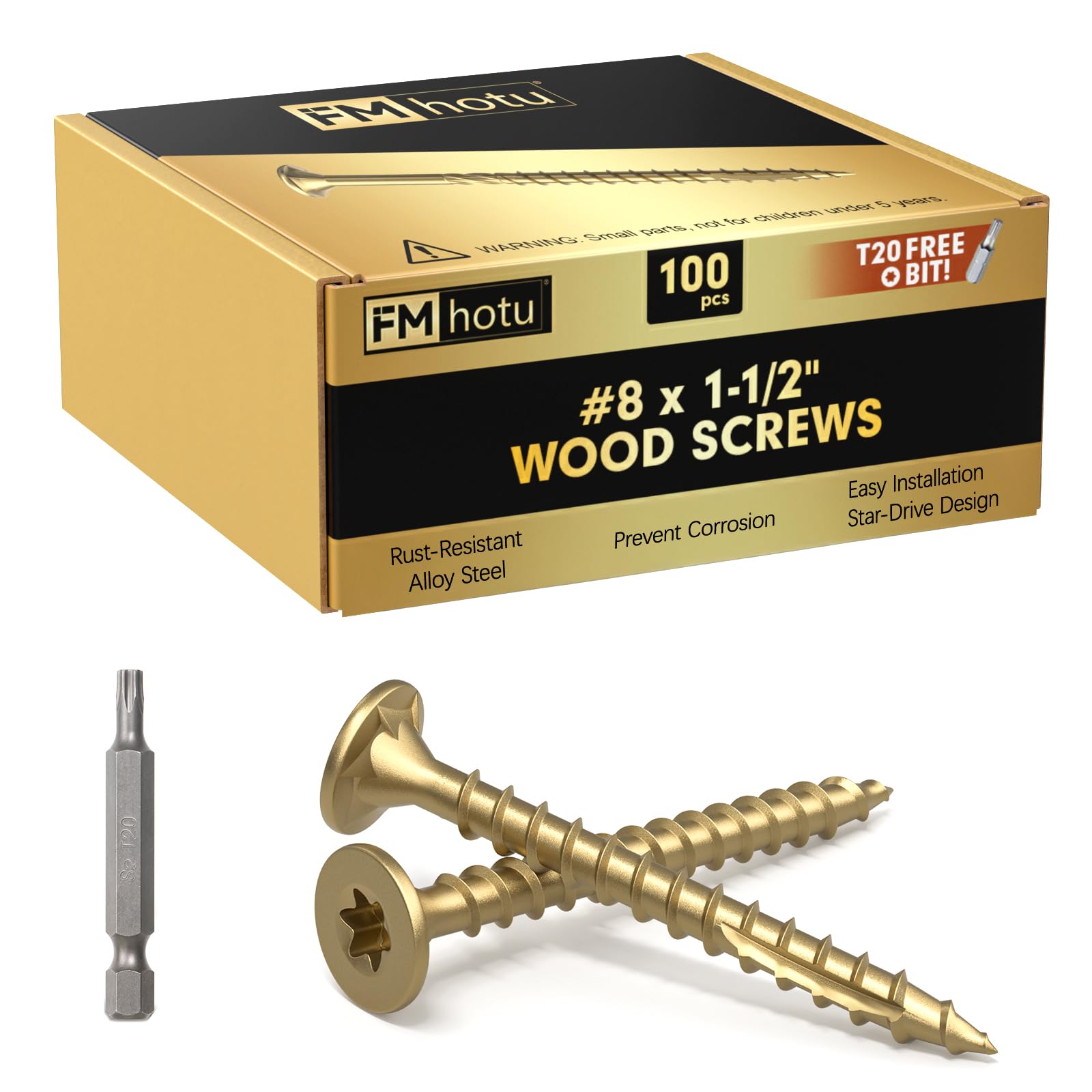Photo 1 of #8 x1-1/2 Deck Screws, 100Pcs Star Drive Wood Screws, Rust Resistant Timber Screws for Timber/Log/Landscaping Wood, T20 Star Bit Included, Gold