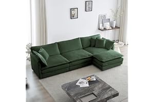 KIVENJAJA Chenille L-Shaped Modular Sectional Sofa, 3-Seater Comfy Cloud Couch with Ottoman/Chaise & 5 Pillows for Living Room Bedroom Office Apartment, 111.5”W, Green