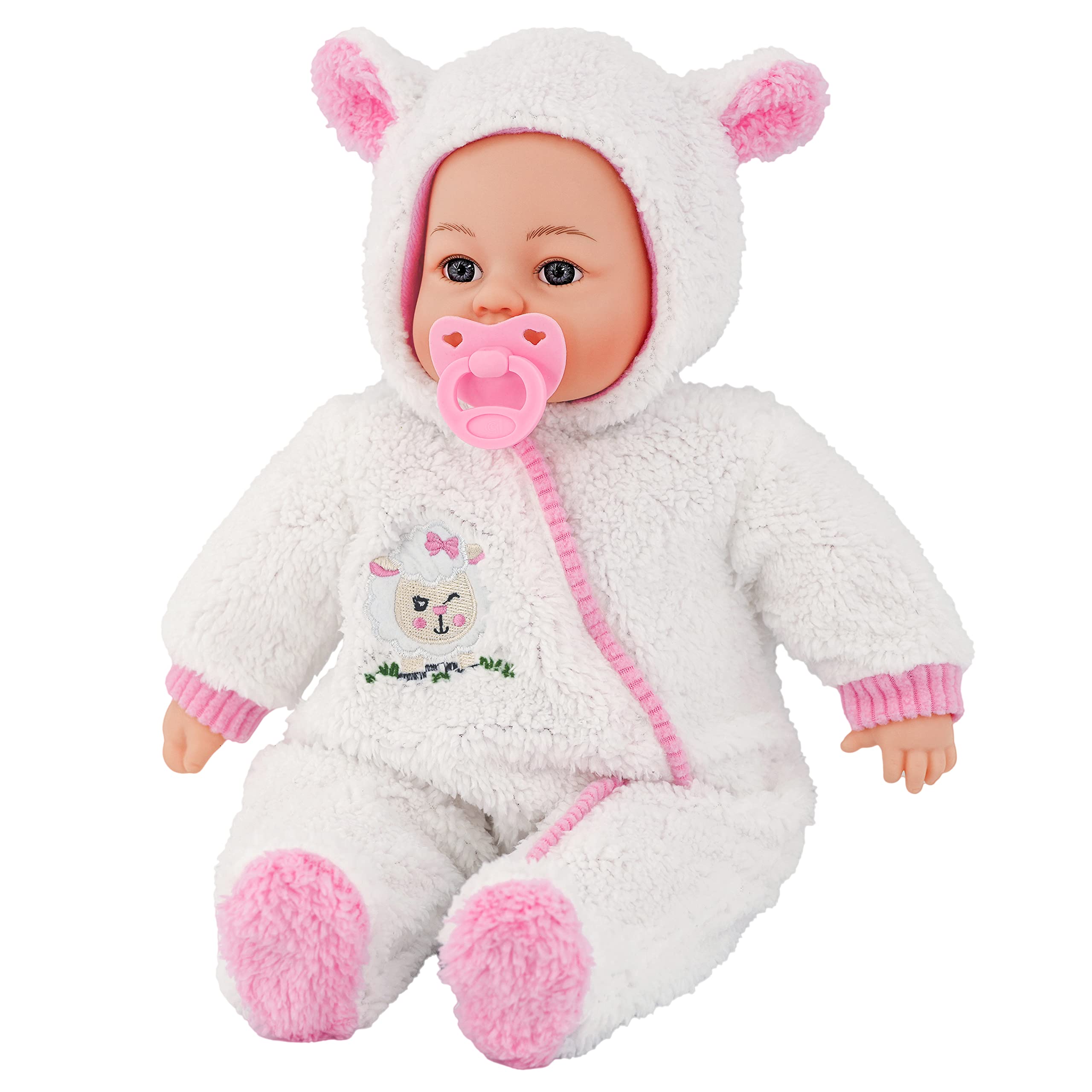 BiBi Doll 18" Baby Girl Doll with Dummy & Sounds - Lifelike, Soft Body, Lamb Theme White Jumpsuit, Realistic Toy for Girls & Boys Aged 18 Months+