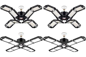 PINSAI 4 Pack LED Garage Light, Super Bright Screw in E26/E27 Ceiling Shop Work Lamp, 200W 20000 Lumen Deformable Basement Bulb Fixture with 8 Adjustable Panels