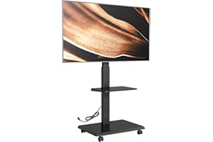 ECOTINY Steel Base Rolling TV Stand with Power Outlet for 32-75 inch TVs up to 110 lbs, Leveling & Tilt & Swivel Mobile TV Stand with Hidden Wire Management, Height Adjustable Portable Tv Stand, Black