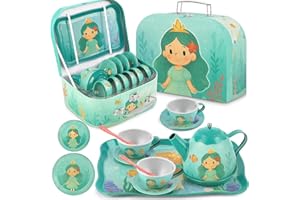 Lajeje Underwater World Tea Party Set for Little Girls, Kids Party Set Toys for 3 4 5 6 Year Old Girls, Pretend Toy Tin Tea Set & Carrying Case, Princess Tea Time Kitchen Play Toys