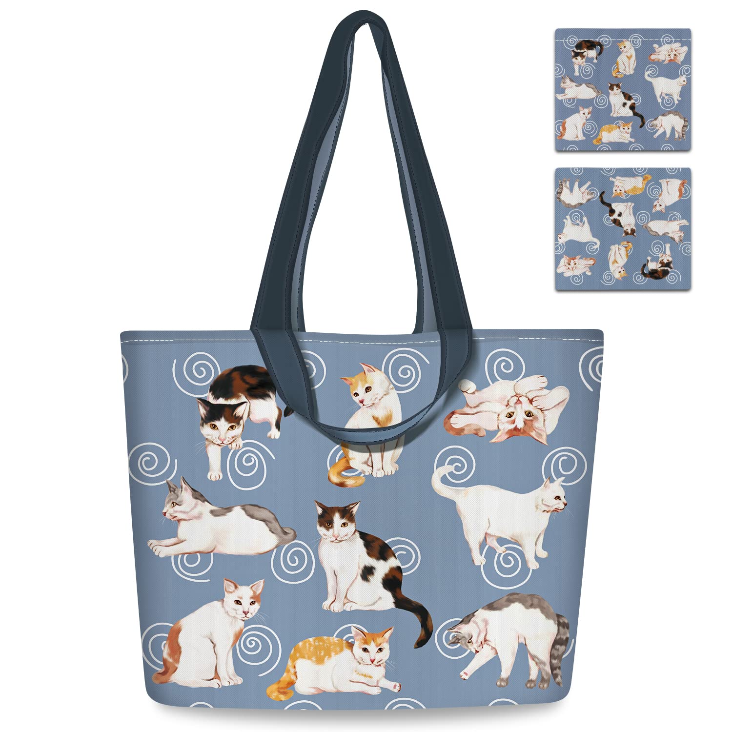 NymphFable 2 Pack Reusable Grocery Bags Polyester Cute Cat Shopping Bag With Handles Foldable Storage Bag Gifts Bag