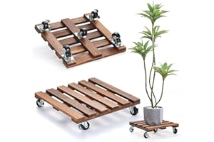 PRAQECZ 2 Pack Plant Stand with Wheels, 14" Rolling Plant Stand 264 LBS Heavy Duty Wooden Square Plant Caddy with Metal 360° Lockable Caster Wheels for Outdoor Indoor Large Plant Pots, Flower Pot, Patio