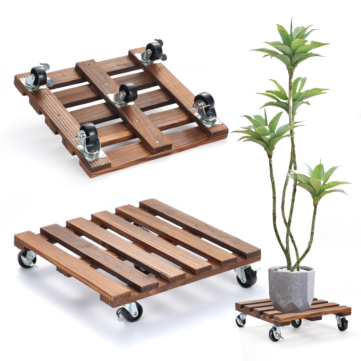 Photo 1 of 2 Pack Plant Stand with Wheels, 14" Rolling Plant Stand 264 LBS Heavy Duty Wooden Square Plant Caddy with Metal 360° Lockable Caster Wheels for Outdoor Indoor Large Plant Pots, Flower Pot, Patio