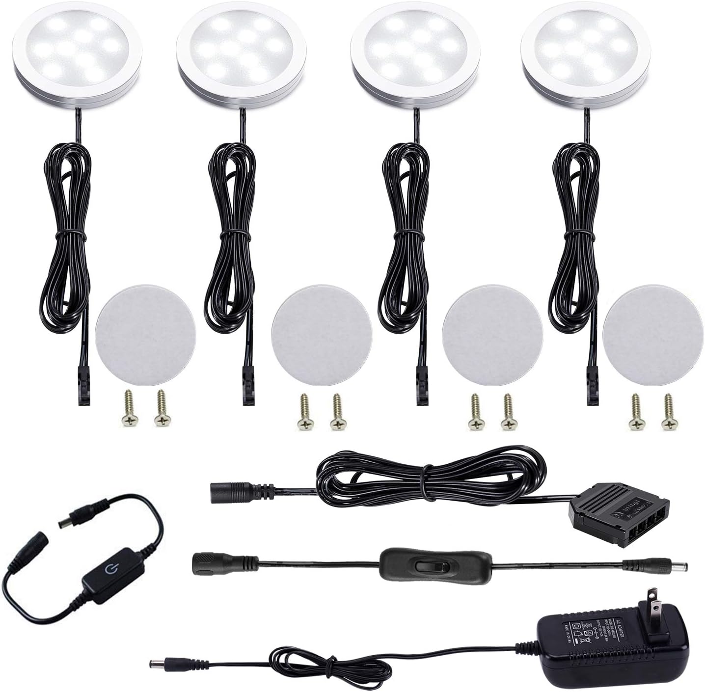 AIBOOUnder Cabinet LED Puck Lights Kit with Touch Dimming Switch for Ambiance Atmosphere Night Lighting (4 Lights,Daylight White)