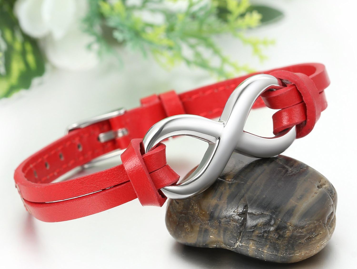 JewelryWe Stainless Steel Infinity Love Charm Leather Bracelet for Men Women Adjustable Fit 7-8.3 inch, Red - Image 4