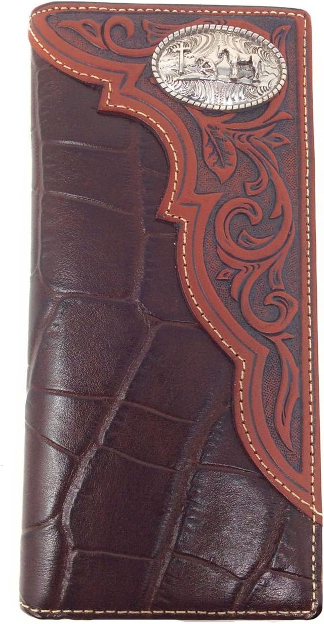 Premium Tooled Genuine Leather Praying Cowboy Concho Men's Bifold Long Wallets in 2 Colors (Brown)