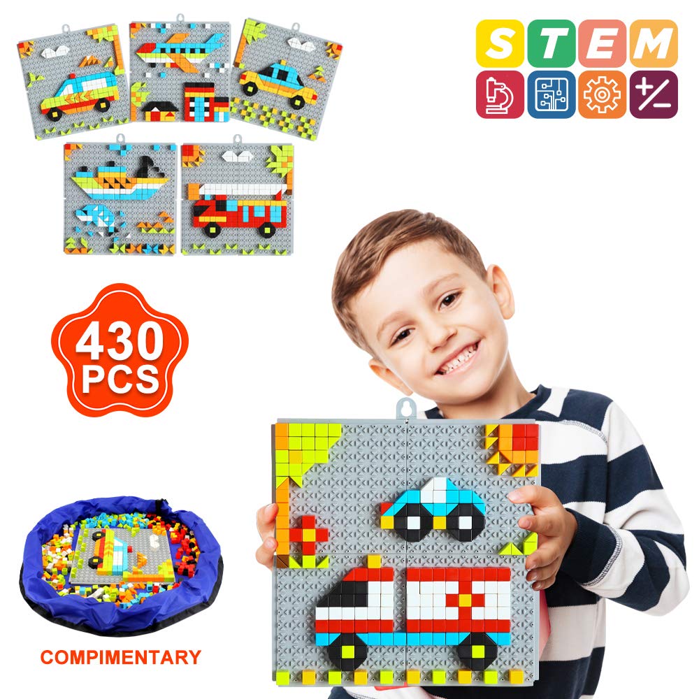 INSOON 6 in 1 STEM Toys Building Blocks Set Puzzle Block Toys for 4 5 6 7 8 Year Old Boys Girls Creative Button Games Transport Pattern Blocks for Toddler Logicality Practice
