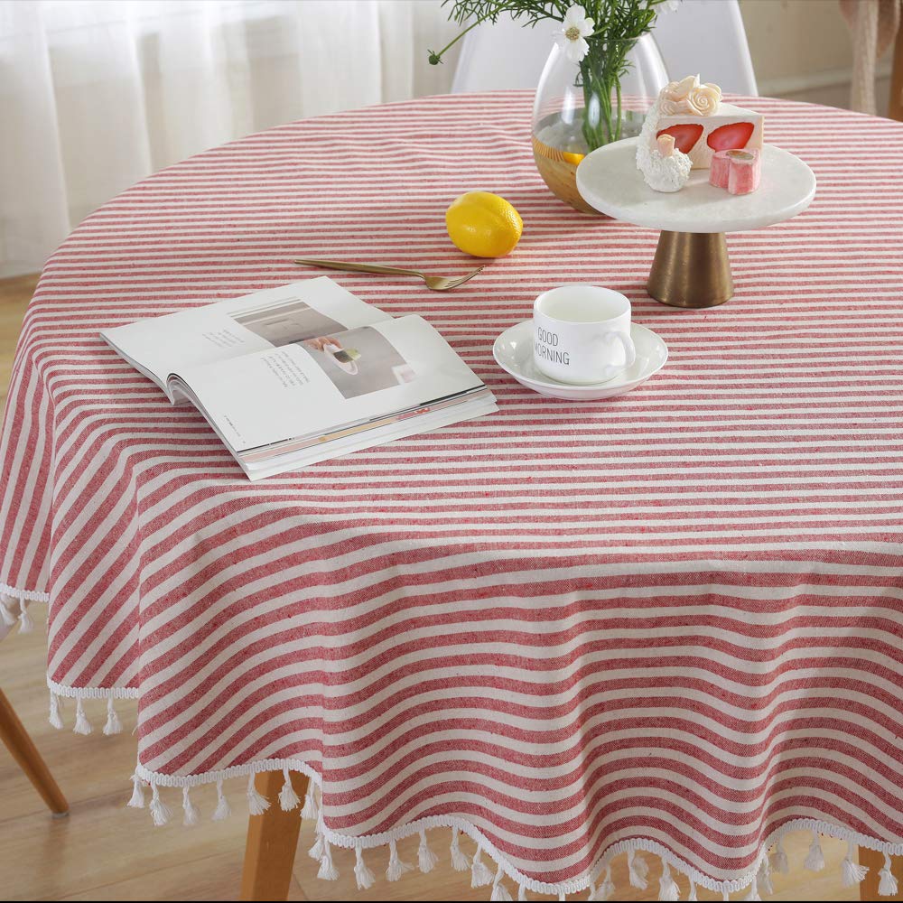 Plenmor Round Tablecloth Stripes Cotton Circular Table Cloth with Tassels for Round Table Round Table Cover for Coffee Picnic Outdoor (Round, 140cm, Red)