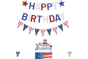 FHGG 4th of July Happy Birthday Decoration Banner American Stars Stripes Flag Bunting Garland USA Triangle Glitter Red White and Blue Star Garland for birthday Cake Toppers Decoration Memorial Day