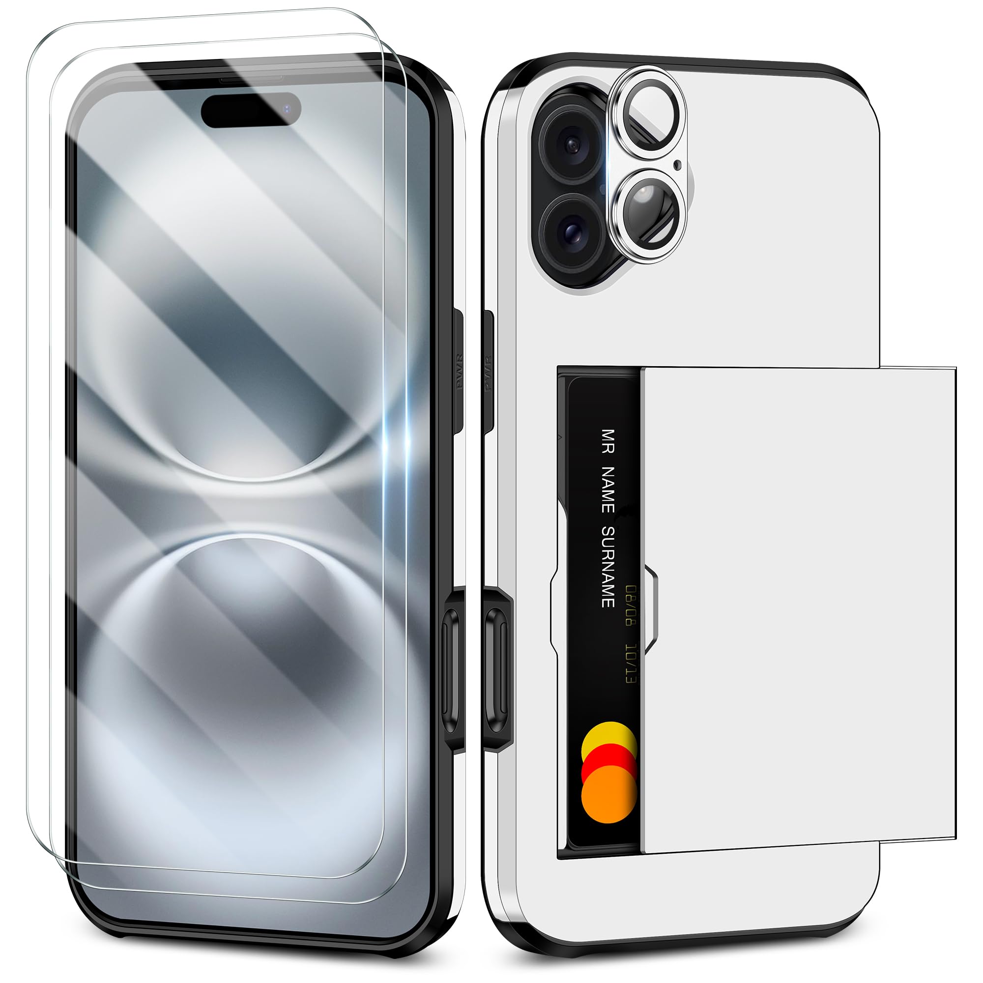 SAMONPOW for iPhone 16 Case Wallet with Card Holder + 2 Screen Protector + 1 Camera Cover Full Body Heavy Duty Protective Dual Layer Shockproof Phone Case for iPhone 16 for Women Men, White