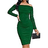 Off Shoulder Bodycon Mini Cocktail Dresses for Women Basic Party Night Ruched Mesh Dress