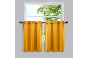 Mrs.Naturall Yellow Short Curtains 24 inch Length for Small Windows Rod Pocket Room Darkening Thermal Blackout Tier Curtains for Kitchen Girls Bedroom Bathroom 34 x 24 Inches Long Mustard Gold Yellow