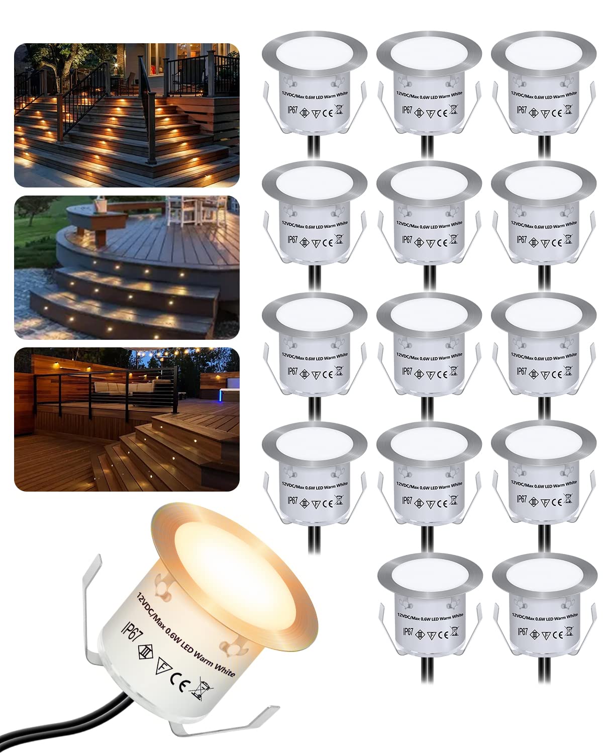 HIBOITEC 16PCS Decking Lights, Warm White Deck Lighting IP67 Waterproof, 0.6W 12V Low Voltage Plinth Lights for Kitchen,Yard, Garden Steps, Patio, Stair,Driveway
