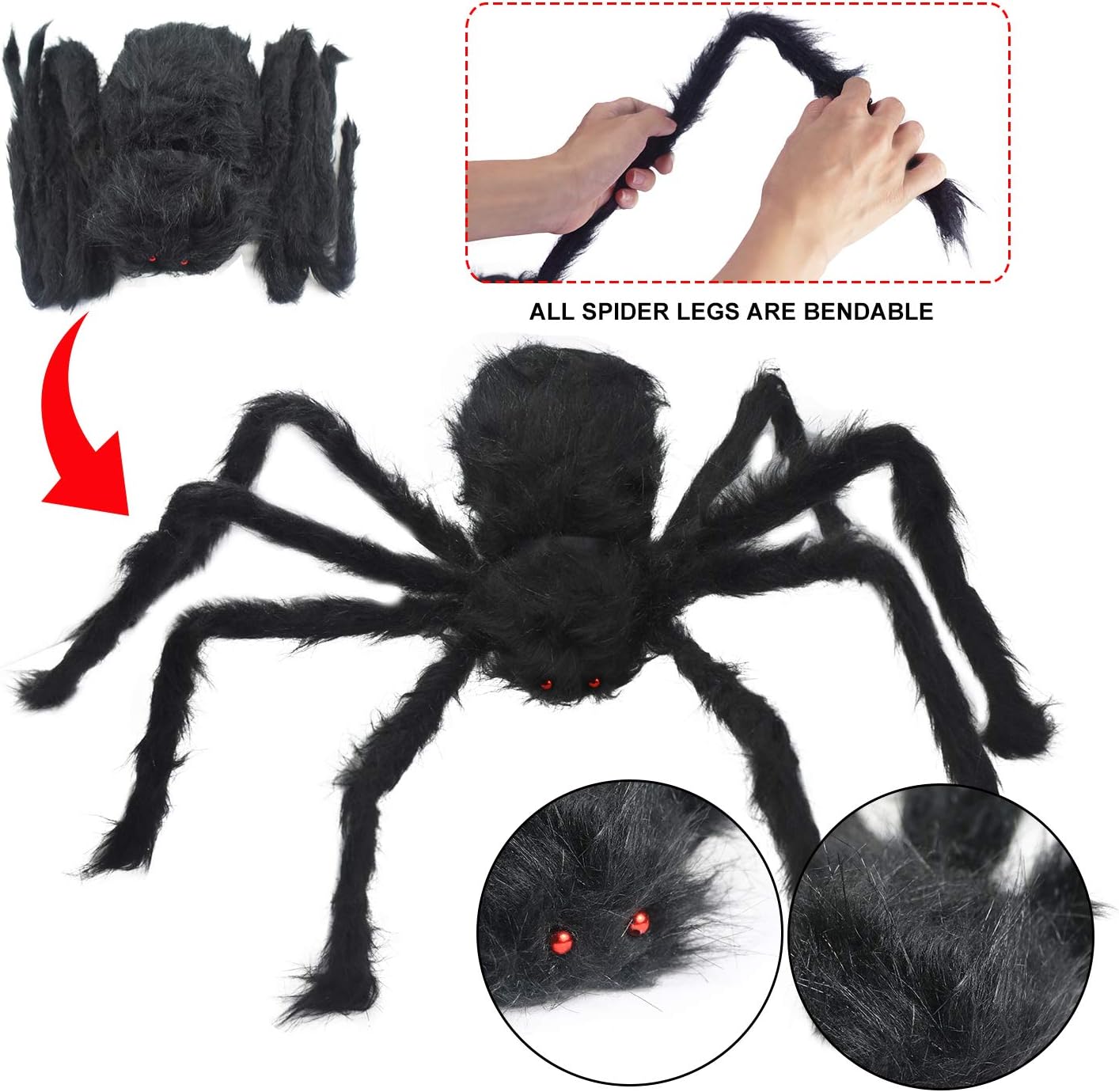 3 Pack Halloween Realistic Spider Decoration Set, Scary Hairy Giant Spiders with Red Eyes and Bendable Legs for Patio, Yard, House, Wall Outdoor Decoration 5 FT and 3 FT (1 pc 59’’ and 2 pcs 35.4’’): Home & Kitchen