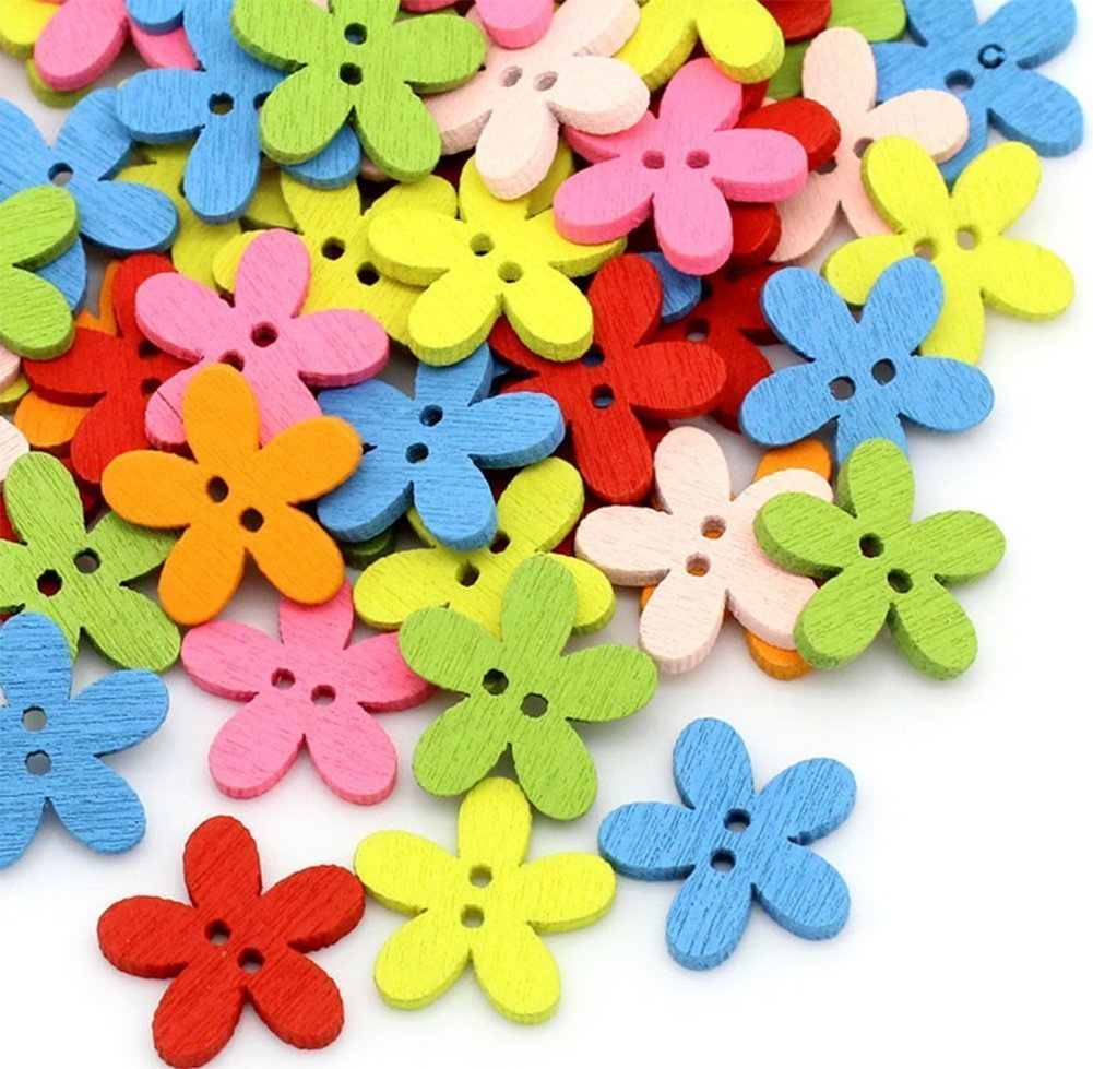 NAMVO 200pcs Colorful Flower Flatback Wooden Buttons Sewing Craft Scrapbooking