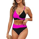 Adisputent Womens High Waisted Bikini Sets Deep V Color Block Swimsuit Triangle Push Up Swimwear Cute Two Piece Bathing Suits