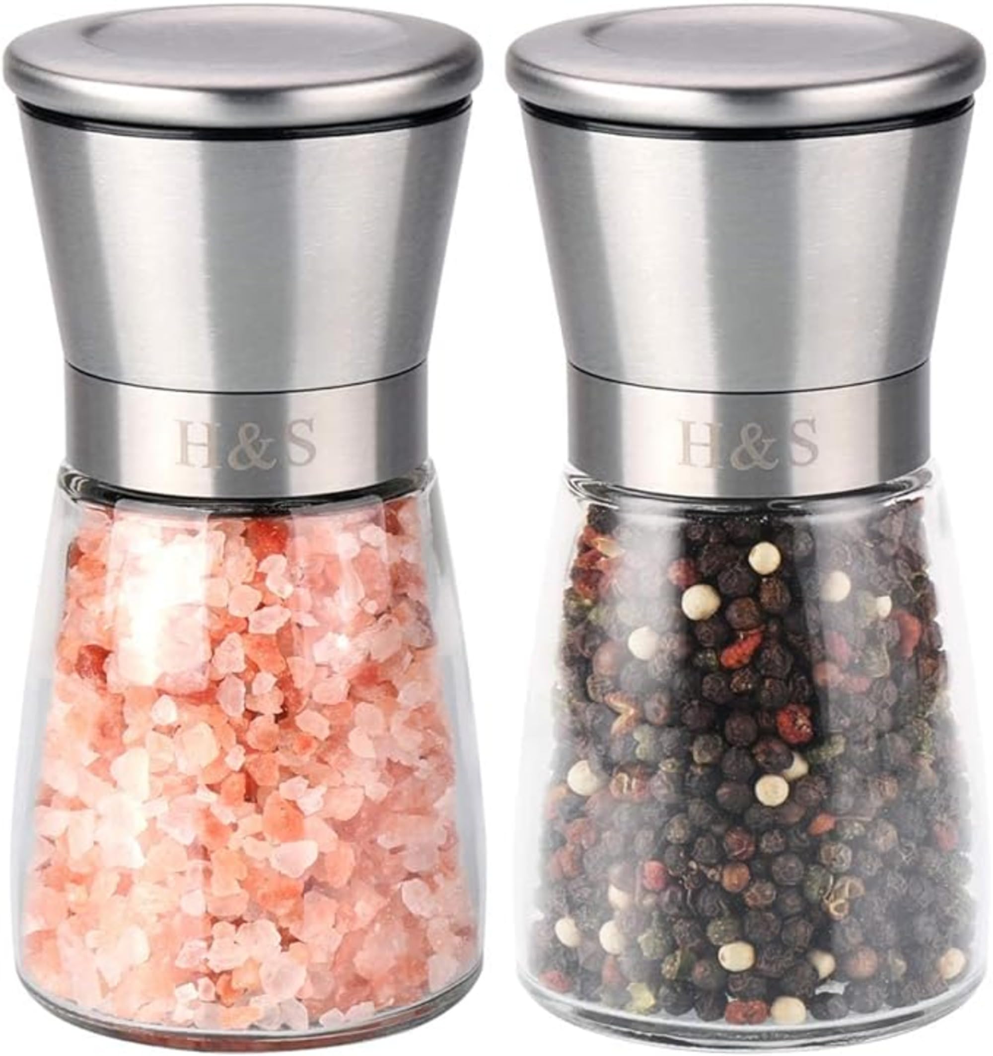 H&S Salt and Pepper Grinder Set - Manual Mill Grinders for Kitchen - Glass and Stainless Steel Spice Mills with Adjustable Coarseness - Easy to Use and Fill - Large Capacity
