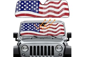 Big Hippo Windshield Sun Shade, American Flag Sun Shade for 2007-2023 Wrangler Rubicon Sahara TJ JK JKU 2 & 4 Door- Car Sun Shade Keeps Vehicle Cool Sun Visor Protector