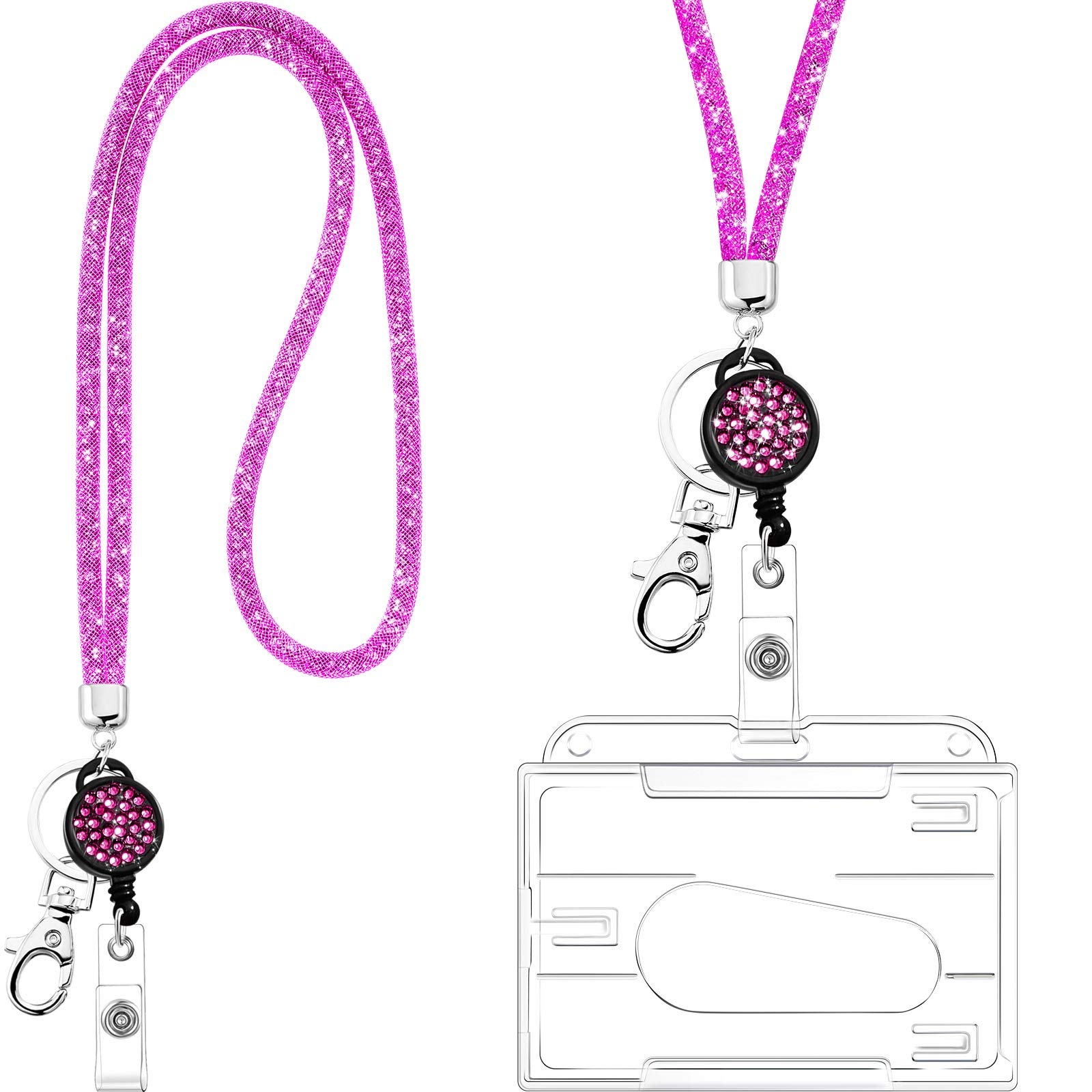 Card Holder with Lanyard, Crystal Lanyard Necklace with Transparent ID Card Holder Keyring, Bling Rhinestone Crystal Lanyard Clear Badge Holders Neck Strap for Keys ID Badge (Pink)