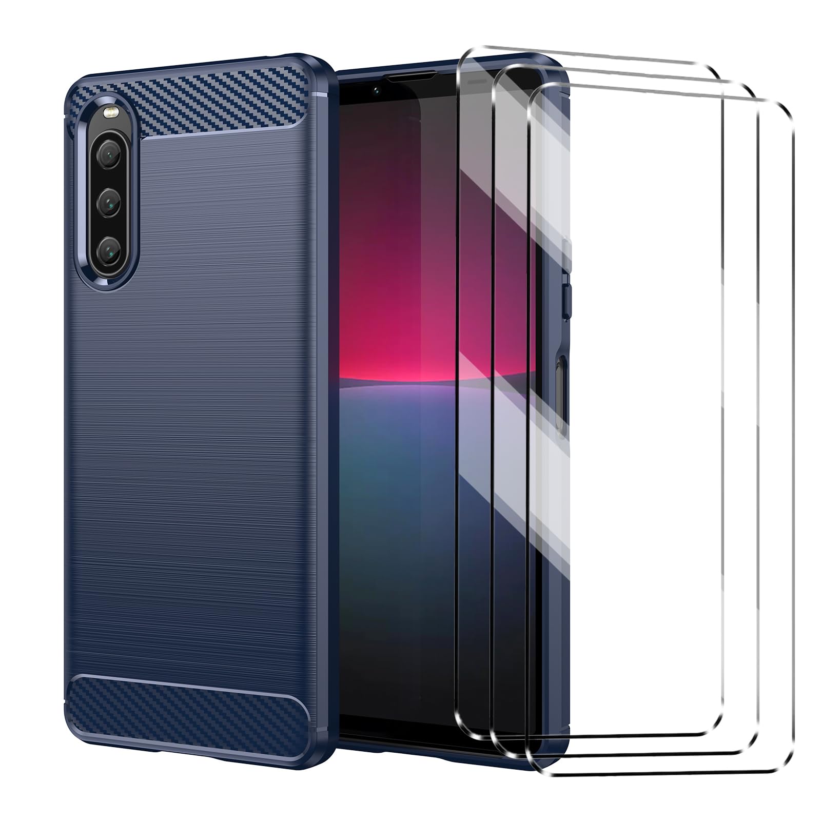HuiYouMY [4 in 1] Case Compatible with SONY Xperia 10 V Cover with 3 Pack Tempered Glass Screen Protector for SONY Xperia 10 V, Slim Fit Soft TPU Shockproof Anti-Scratch Phone Case Cover - Navy — image 1