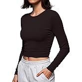 BMJL Women's Ribbed Long Sleeve Crop Tops Side Shirring Fitted Soft Stretchy Workout Shirt