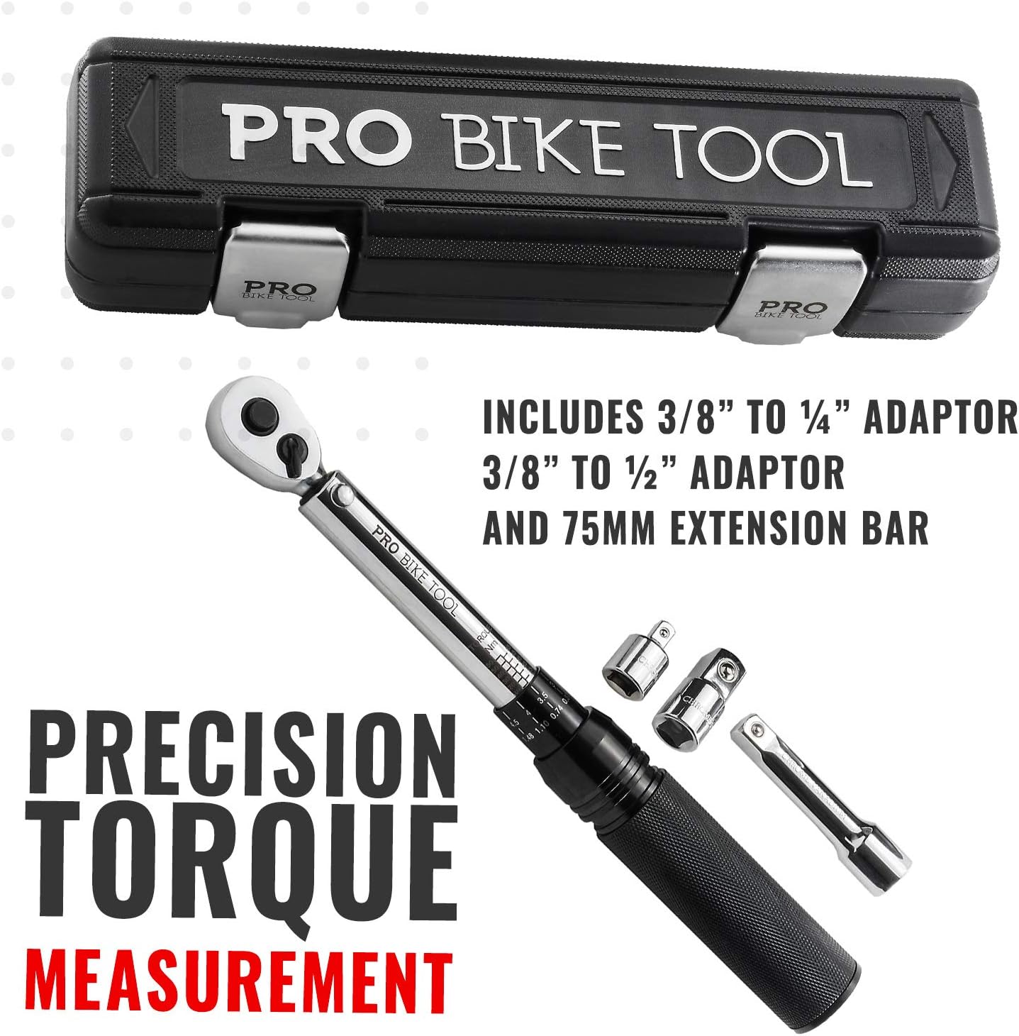 PRO BIKE TOOL 3/8 Inch Drive Click Torque Wrench Set 10 to 60 Nm – Bicycle Maintenance Kit for Road & Mountain Bikes, Motorcycle Multitool - Includes 1/2" & 1/4" Adapters, Extension Bar & Storage Box : Sports & Outdoors