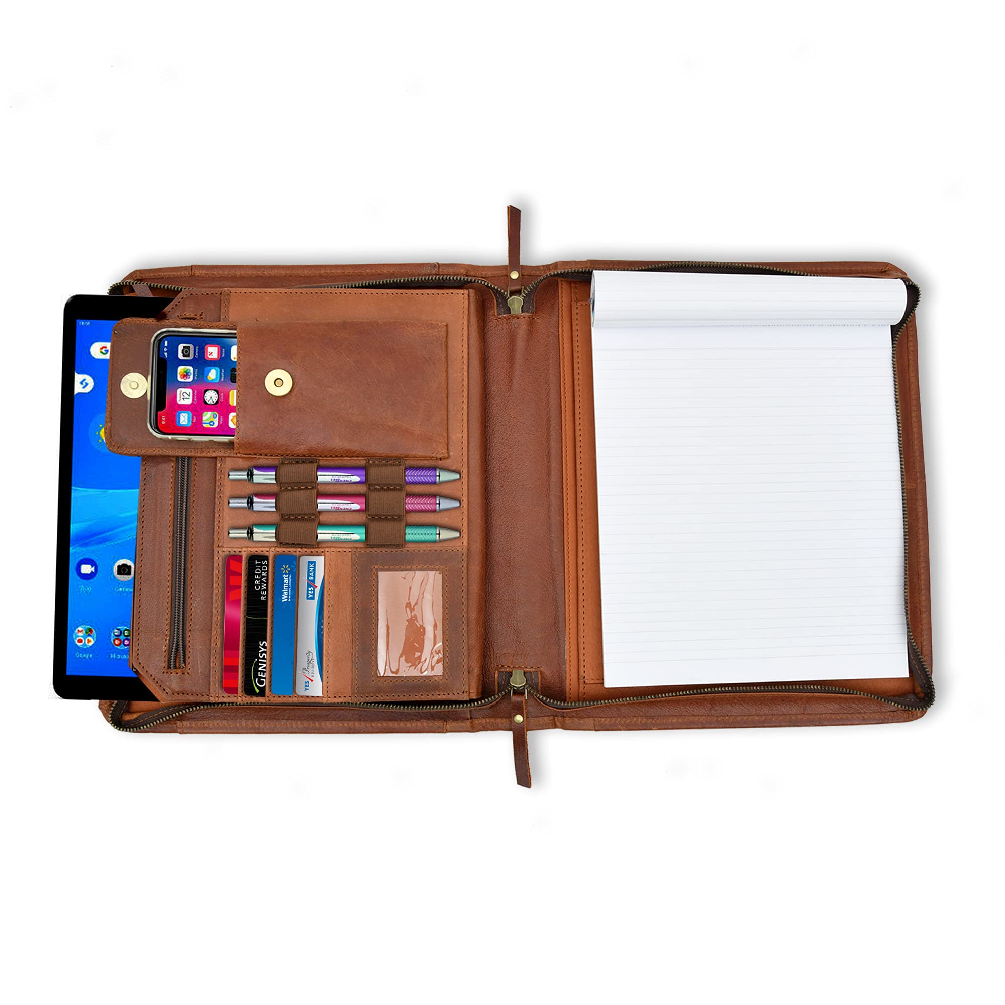 Full Grain Leather Portfolio Folder A4 Organiser with Legal Pad Writing Case and Zip Padfolio Document Folder Conference for Men (Cognac) by JAJMO LEGACY