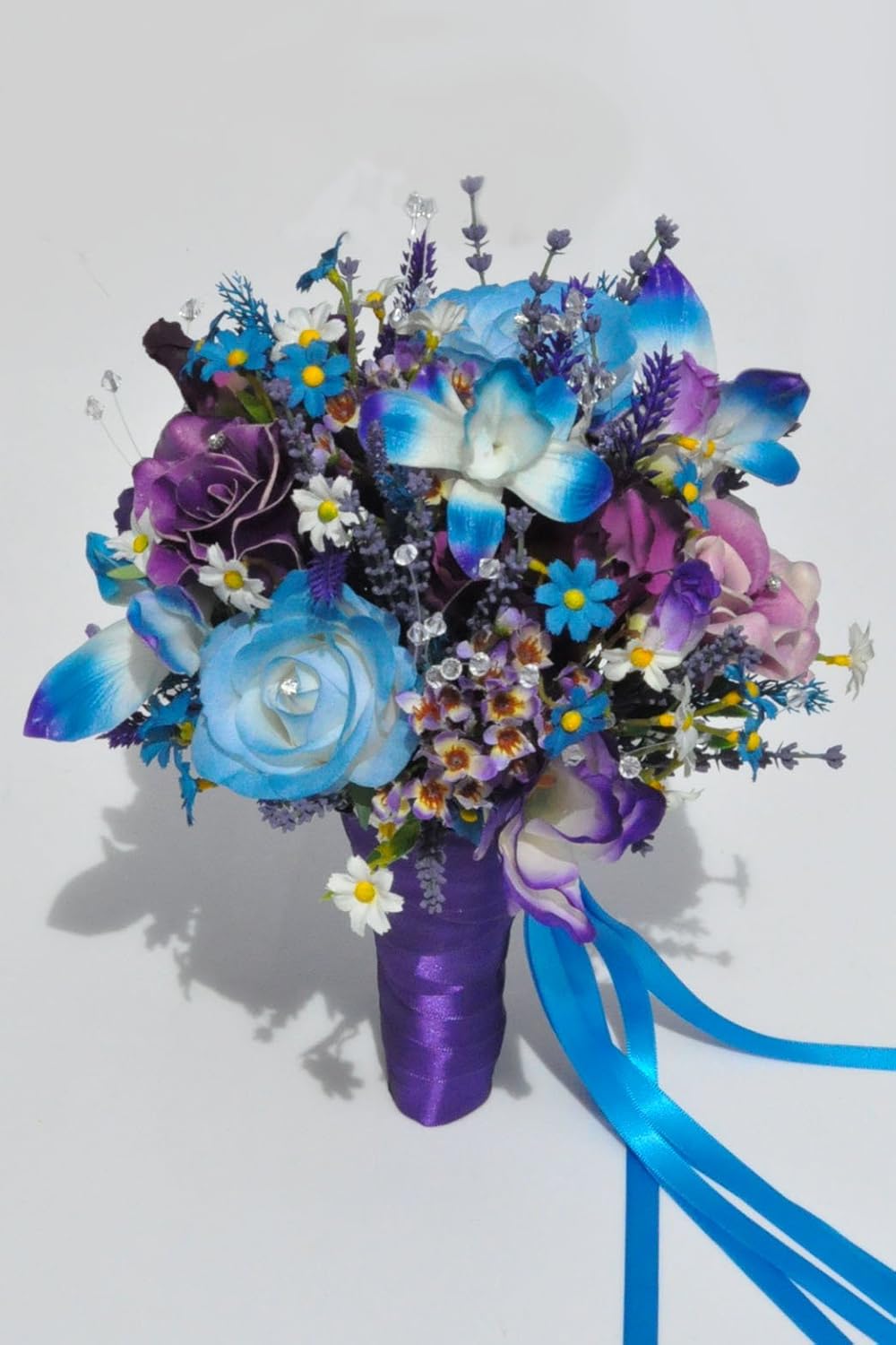 Amazon Com Mermaid Inspired Blue And Purple Fresh Touch Rose Bridal Bouquet With Daisies And Crystal Home Kitchen