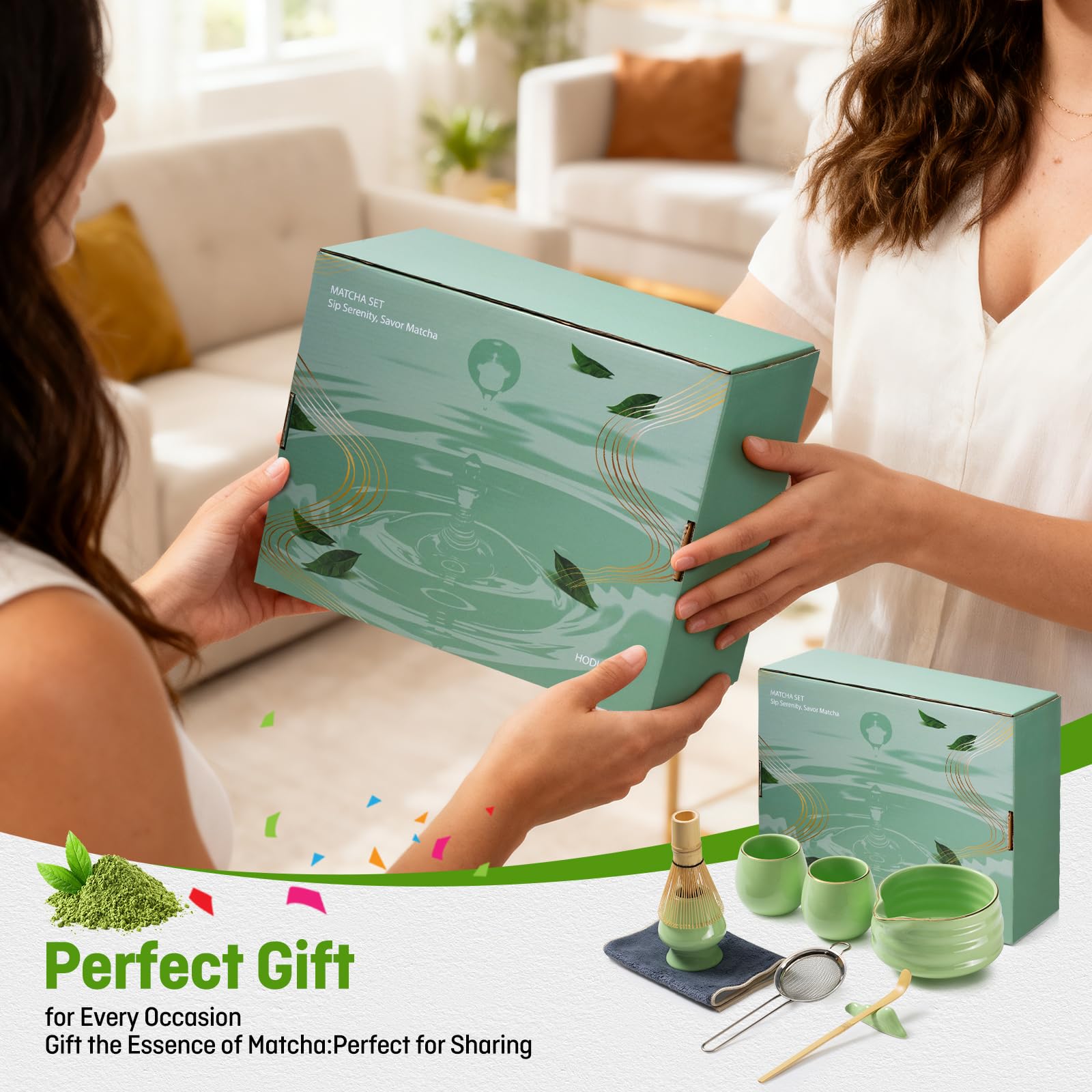 Matcha set - 9 Stück Japanisches Tee-set Inkl Chawan mit Ausgießer, 2 tazze, Schaufel, Halter, Sieb, Matchabesen das perfekte Geschenk für Japanische Teezeremonie-Liebhaber,Green