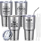 Uiifan 4 Sets Coach Thank You Gifts Best Coach Ever Tumbler with Lids Straws 30 oz Stainless Steel Tumbler Appreciation Gift for Basketball Soccer(Silver)