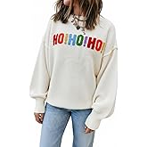 KevaMolly Womens Long Sleeve Sweaters HOHOHO Merry Christmas Drop Shoulder Casual Chenille Graphic Holiday Pullover Tops