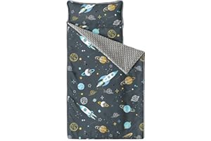 Wake In Cloud - Toddler Nap Mat with Pillow and Minky Fleece Blanket, for Kids Boys in Daycare Preschool Kindergarten, Roll Up Sleeping Bag, Space Rocket Planet Star, Gray, Standard