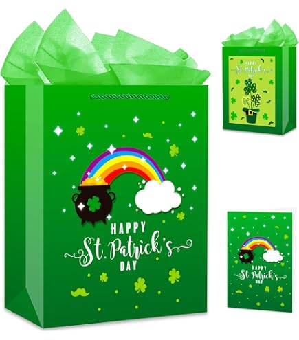 HunnmingRe 49 Pcs St Patrick's Day Gift Bag Set - 24 Green Shamrock Tote Bags & 25 Tissue Papers