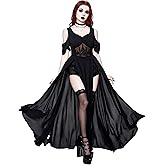 LANSHULAN Women Goth Embroidered Hollow Pattern Deep V-Neck Off Shoulder High Slit Halloween Dress