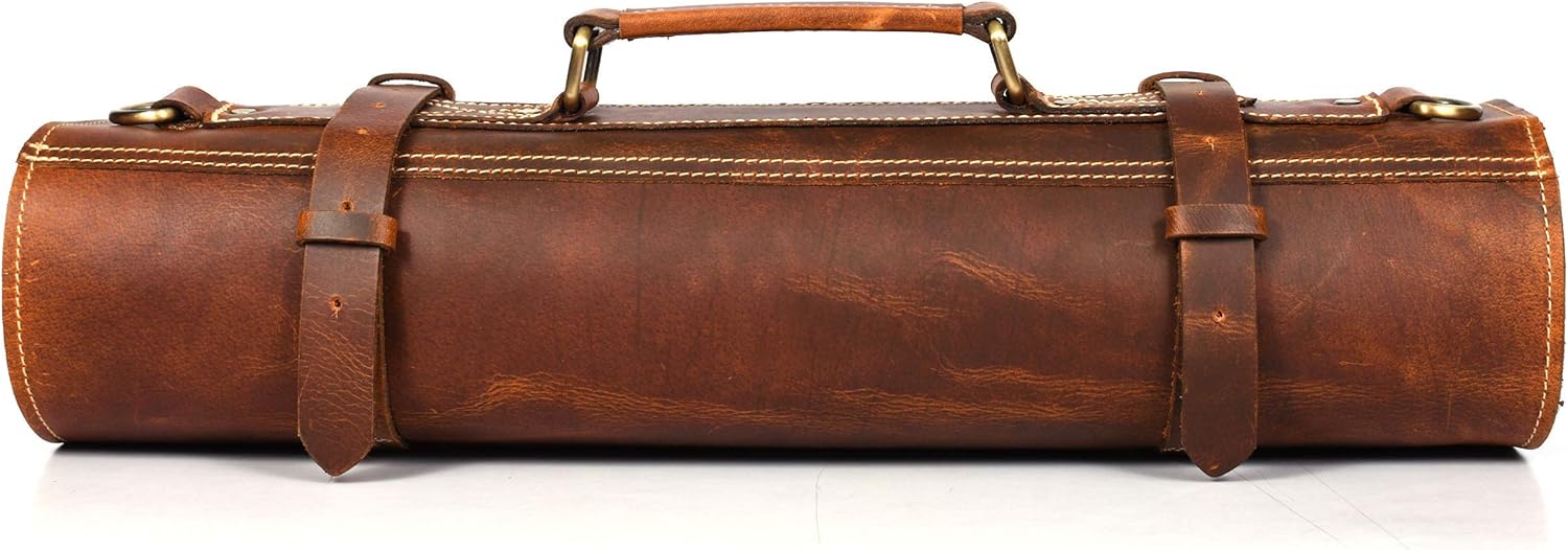 Leather Knife Roll Storage Bag, Elastic and Expandable 10 Pockets, Adjustable/Detachable Shoulder Strap, Travel-Friendly Chef Knife Case (Leather - Light Brown): Kitchen & Dining