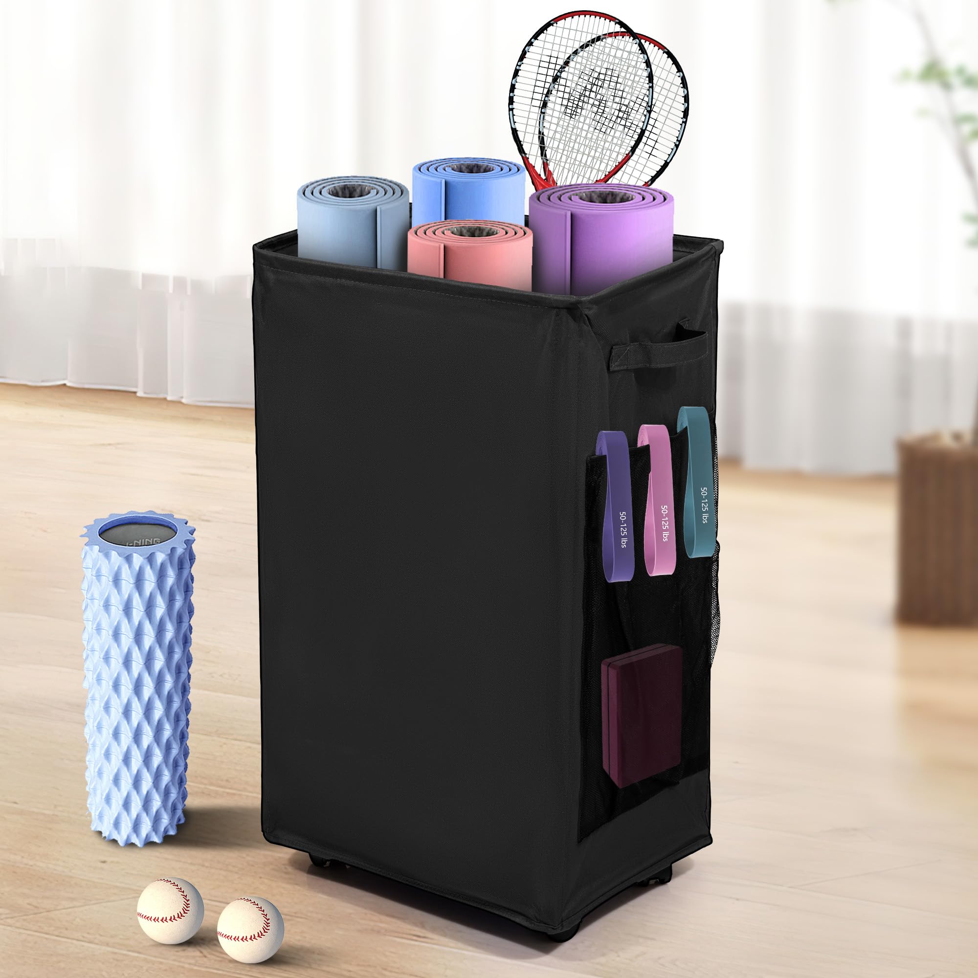 Photo 1 of wymulot Yoga Mat Storage Racks, Home Gym Storage Rack with Wheels, Yoga Mat Holder Side 2 Mesh Pockets, Yoga Storage Basket Holds 4 Yoga Mats, 2 Foam Rollers, 6 Resistance Bands (Black)