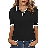 Rapbin Womens Short Sleeve Polo Sweater Knit Collared Pollover Summer V Neck Business Casual Tops