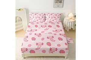 QOOMO Pink Axolotl Microfiber Flat Fitted Sheets Set for Children Kawaii Strawberry Kids Sheet Set Cute Sea Creature Super Soft Kids Bedding Set Twin Size 1 Fitted Sheet, 1 Flat Sheet, 2 Pillow Cases