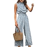 CUPSHE Women Floral Summer Maxi Jumpsuit with Pocket Mock Neck Elastic Waist Wide Leg Business Wedding Casual Holiday Dressy