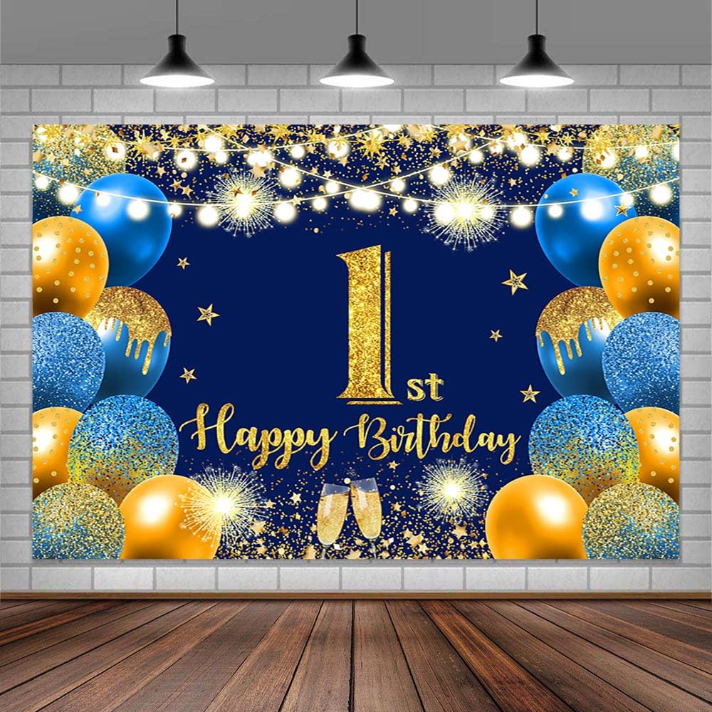 Photo 1 of 10X8ft Happy 1st Birthday Backdrop, Blue Balloon Birthday Background Blue Gold Glitter Birthday Photography Background Banner, Girls Boys Birthday Party Backdrop Decoration Photo Studio Prop