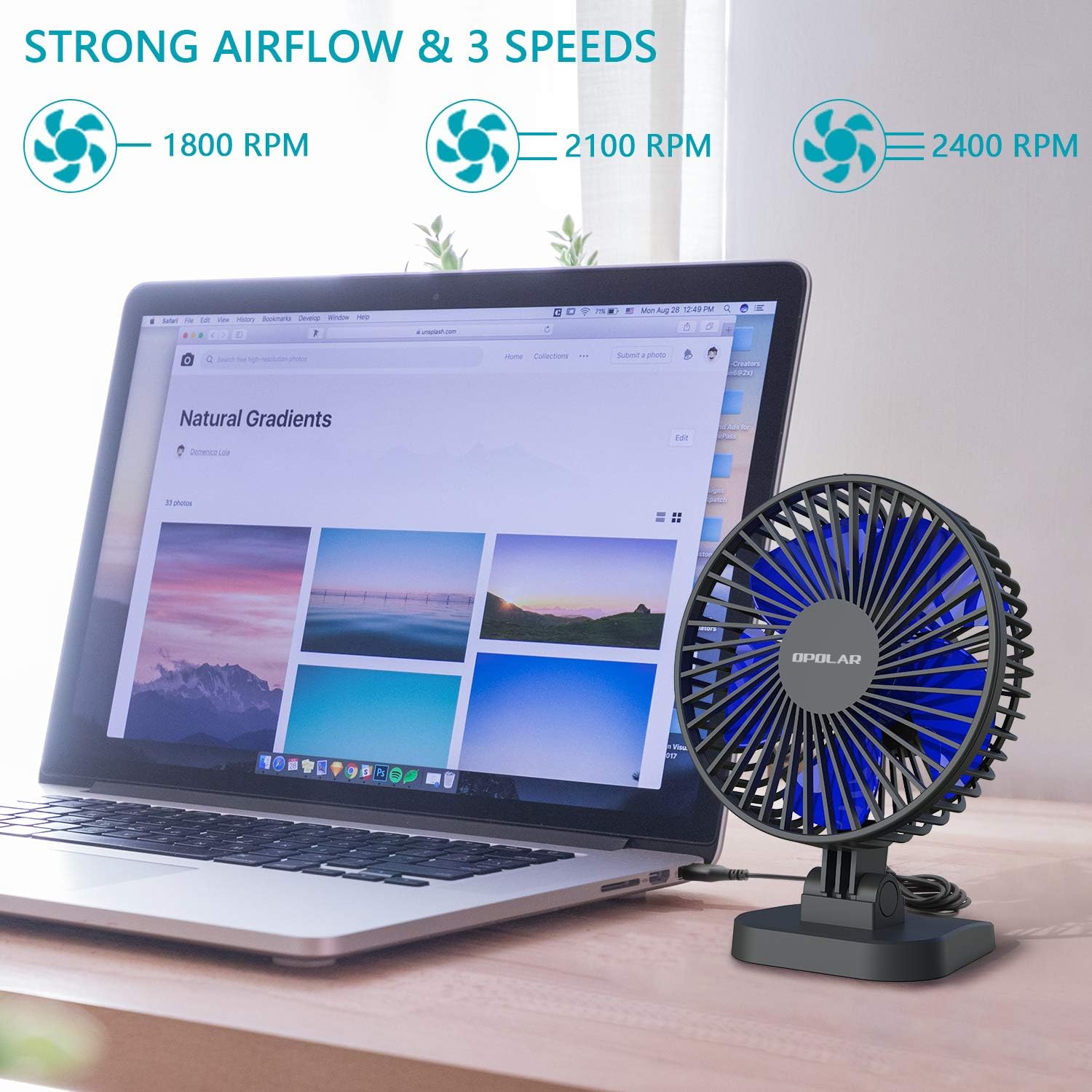 OPOLAR USB Desk Fan, Small but Mighty, Quiet Portable Fan for Desktop Office Table, 40° Adjustment for Better Cooling, 3 Speeds, 4.9 ft Cord: Home & Kitchen