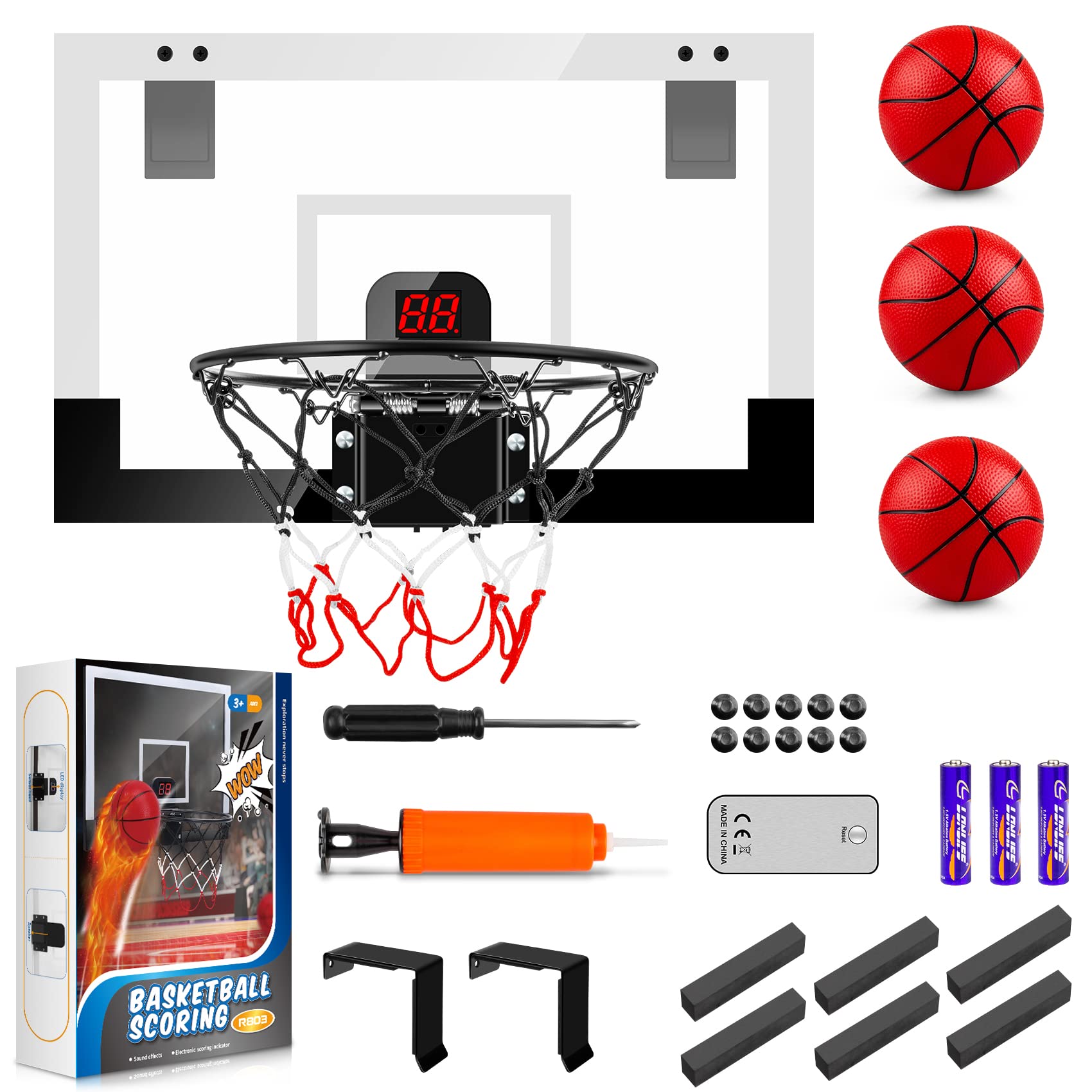 Indoor Basketball Hoop Boys Gifts for Teens and Adults Door Room Basketball Hoop Mini Hoop with Electronic Scoreboard, 3 Balls and Batteries Basketball Toys for 8 9 10 11 12