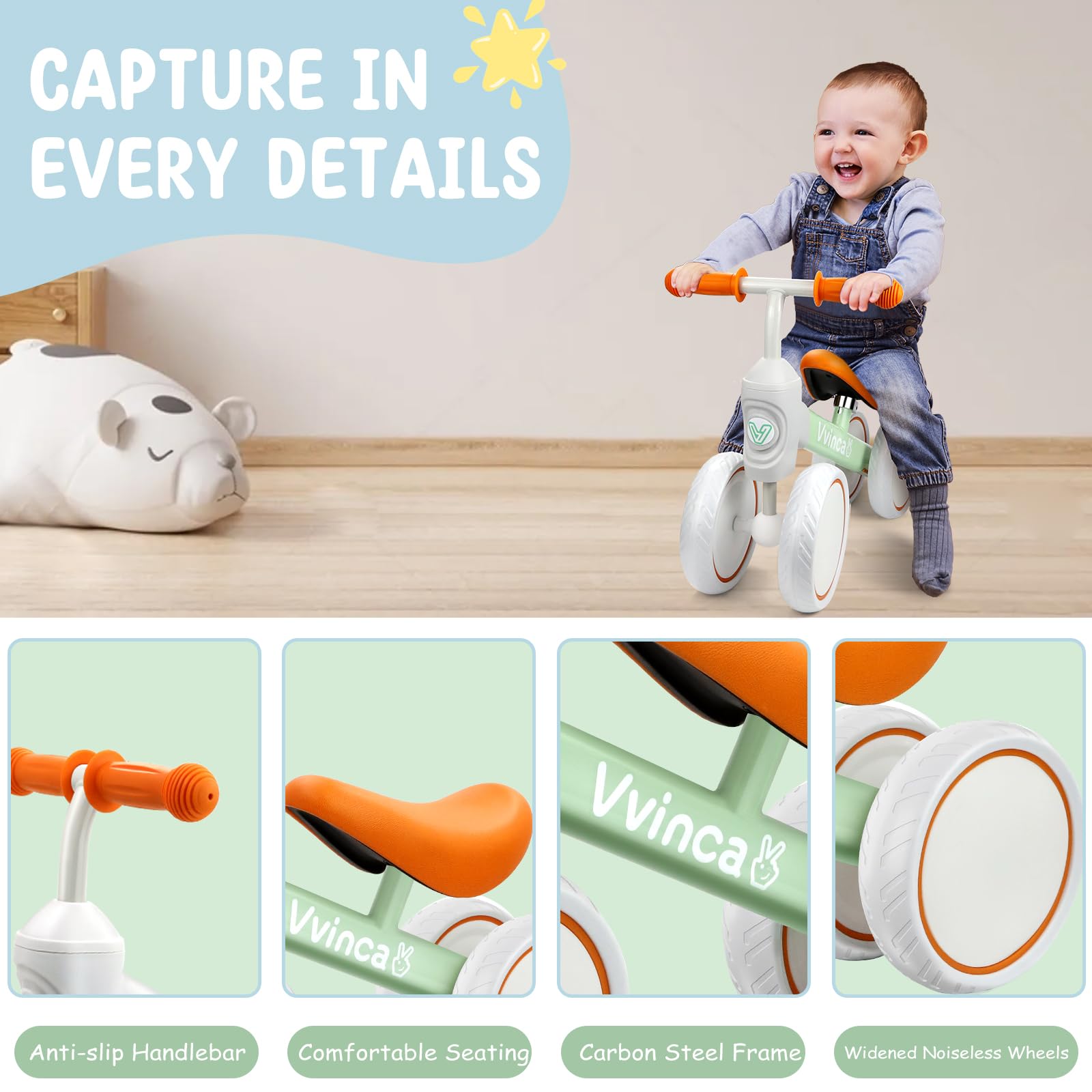 Baby Balance Bike for 1 Year Old Boys Girls, 10-24 Months Toddler Balance Bike with No Pedal 4 Silence Wheels Children First Birthday Toys Gifts Vvinca