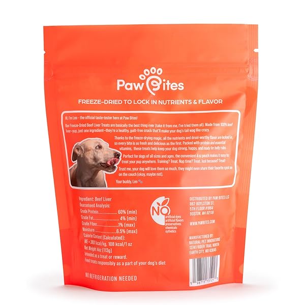 PAW BITES FREEZE DRIED DOG TREATS – BEEF LIVER WITH PROTEIN, DOG FOOD DRY SNACKS – WITH PROTEIN & OMEGA 3S – FOR ALL BREEDS & SIZES – NO ARTIFICIAL FLAVORS & DYES, NO PRESERVATIVES – 1 POUCH, 4 OZ