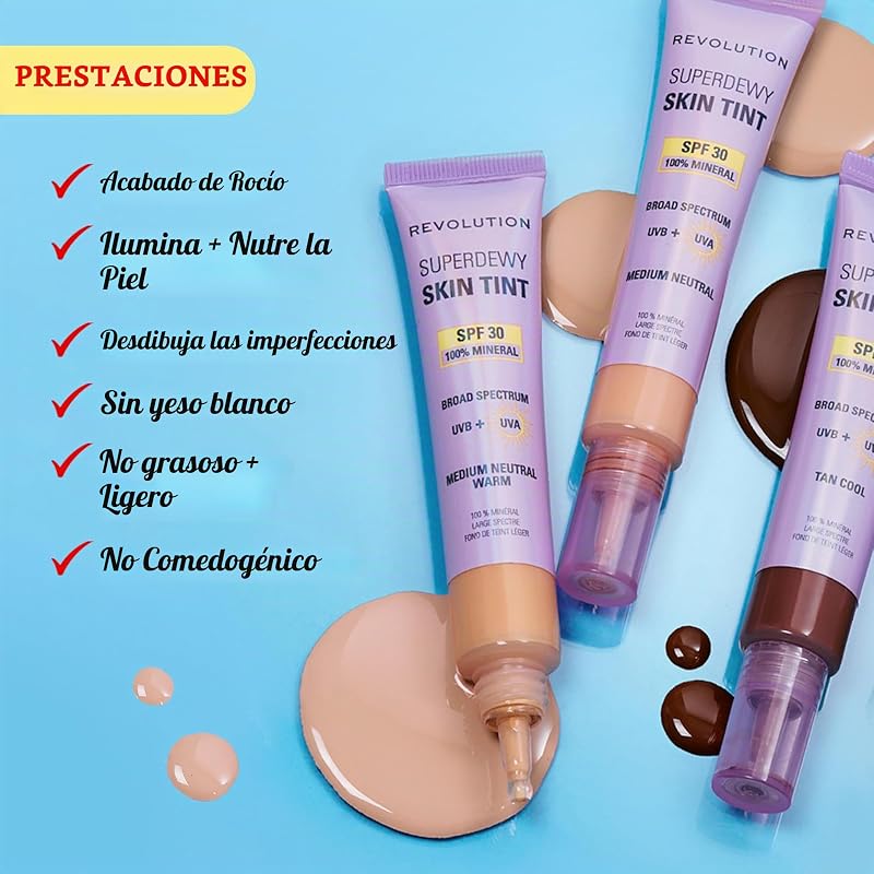 Revolution Superdewy SPF30 Skin Tint, Tinte Facial Ligero SPF 30 para Piel Sensible y con Tendencia Acneica, Cobertura Modulable, Vegano, Medium Neutral, 28 ml