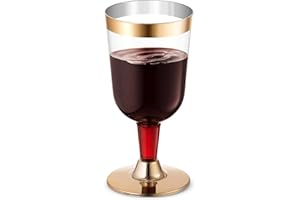 BloominGoods 50 Gold Rimmed Disposable Wine Glasses | 7 oz. Premium Clear Hard Plastic Fancy Wine Cups (50-Pack)
